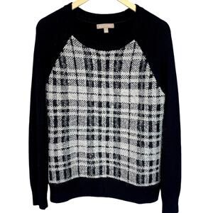 Banana Republic Womens Sz M White/Black Plaid Front Crew Sweater